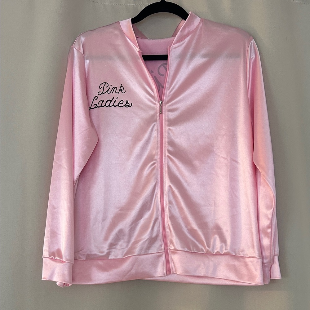 Women's Pink Satin style polyester Bomber Jacket PINK LADIES Grease jacket.